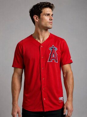 Retro Majestic MLB Angels Baseball Authentic Collection Red Jersey M Button-Up